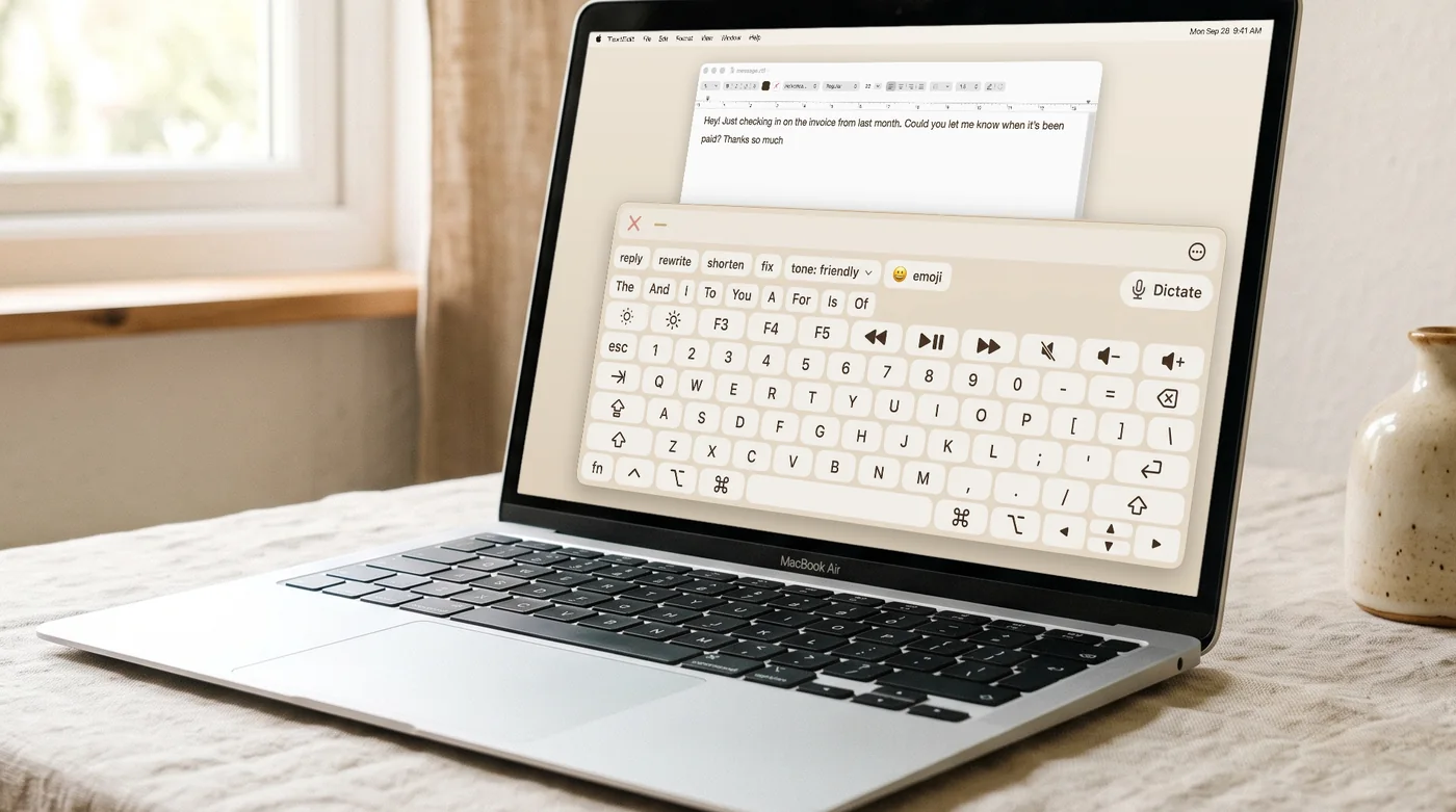 FlowKeys over a message, with its reply, rewrite, shorten, fix and tone actions above the keys.