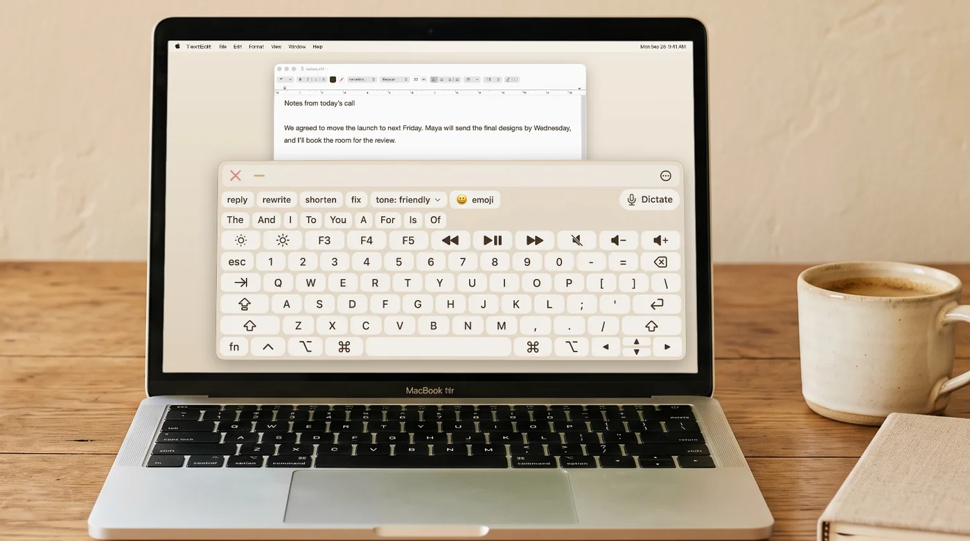 FlowKeys open over meeting notes, with the Dictate button at the top right of the keyboard.