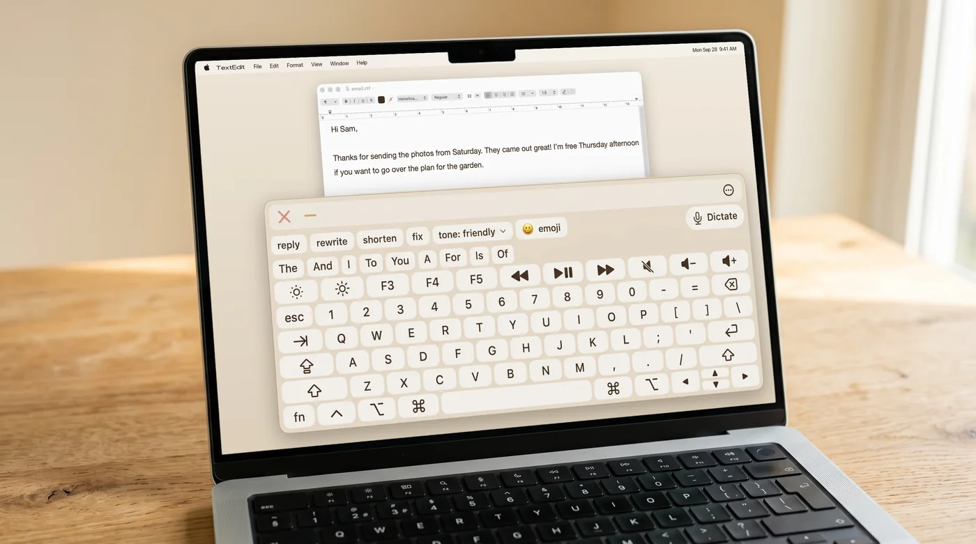 The FlowKeys keyboard floating over an email on a MacBook.