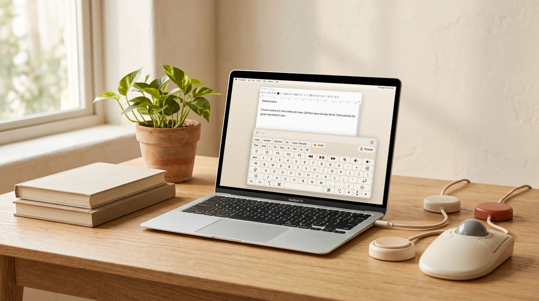 A MacBook on a sunlit desk beside a trackball and two accessibility switches, with the FlowKeys keyboard open over a note.